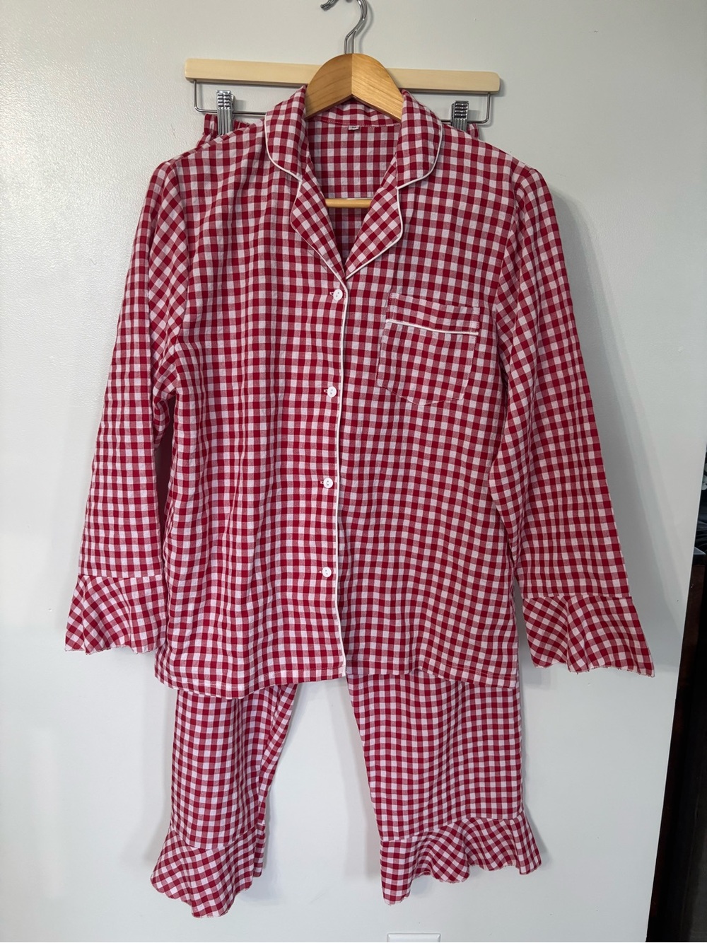 Girls Red Gingham Pajama Set with Ruffle Hem
